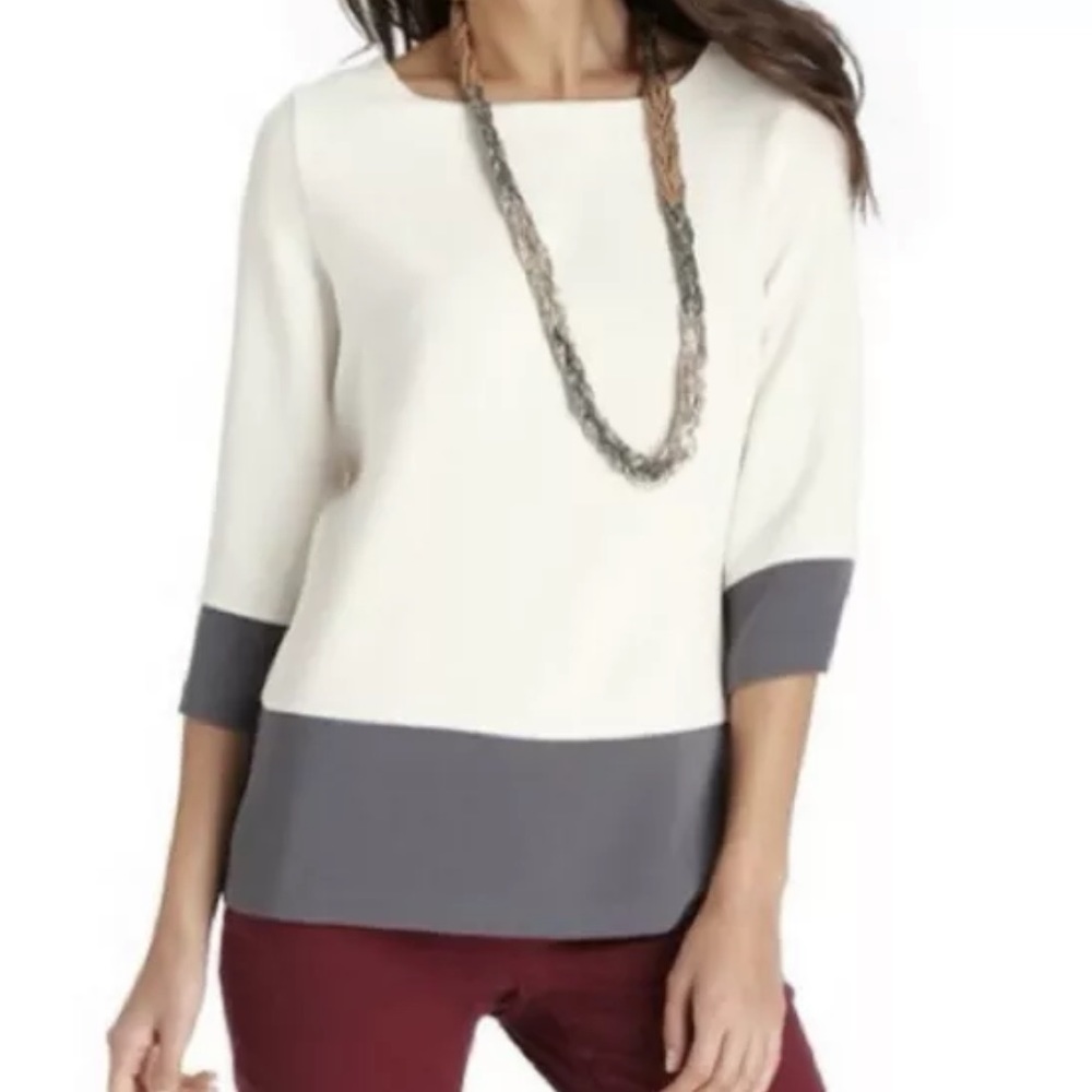 NWT Ann Taylor Loft Colorblock Structured Top 3/4 Sleeves Cream Gray Sz S